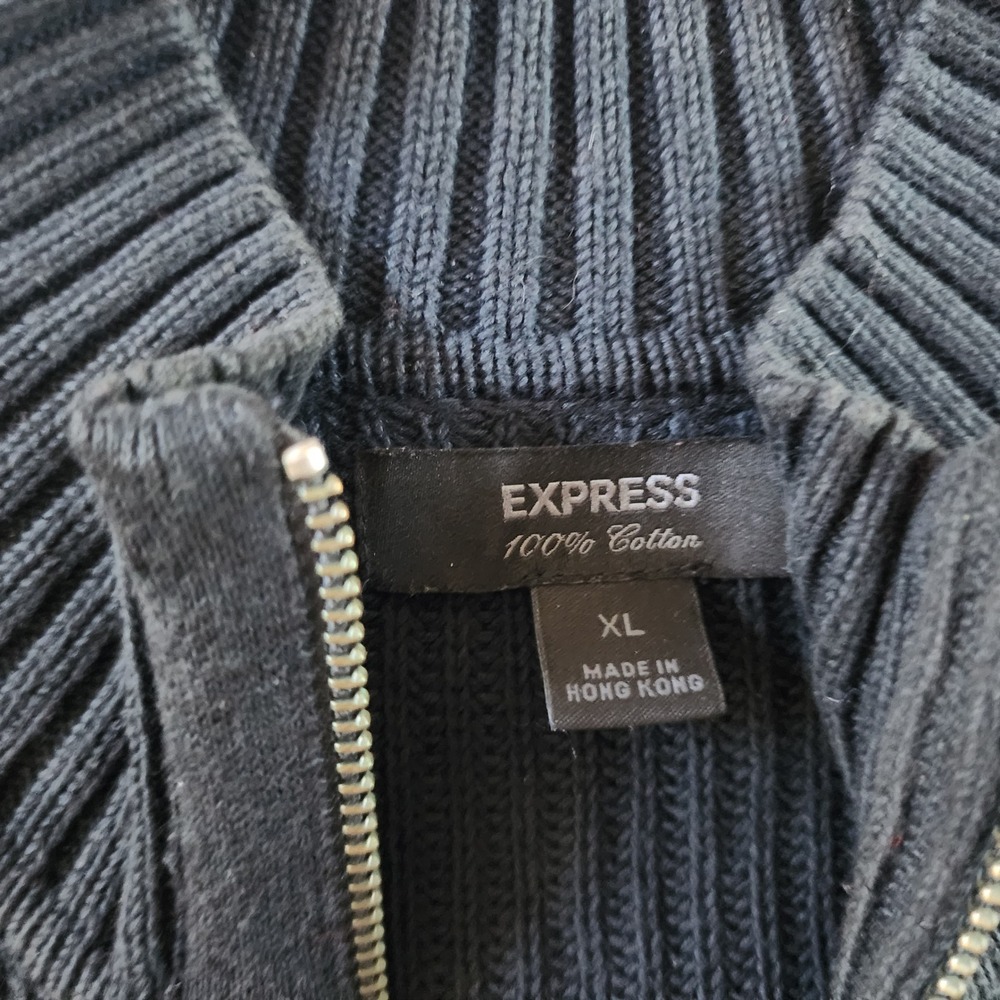 Express Mens XL Dark Grey 100% Cotton Ribbed Full Zip Y2K Cardigan Sweater - Picture 2 of 7